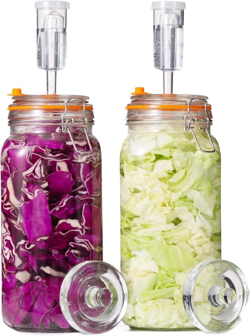JILLMO Fermenting Jar, 2 Liter Glass Fermentation Kit with Fermenting Weights and Airlocks for Kombucha, Sauerkraut, Pack of 2