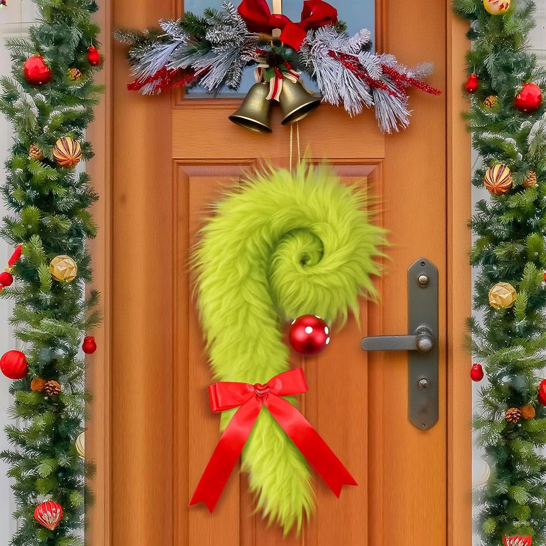 Weysat Christmas Candy Cane Wreath Hangers for Front Door Lime Green Furry Hanging Decor Christmas Door Sign Bow Decorations Holiday Ball Ornaments for Xmas Tree Indoor Wall Window Garland Decoration