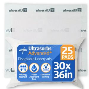 Medline Ultrasorbs Drypads, 30" x 36", 25 Count, Super Absorbent Disposable Bed Pads, Large Incontinence Bed Pads, Chucks Protective Underpads, 10 Times More Absorbent, For Adults, Elderly (White)