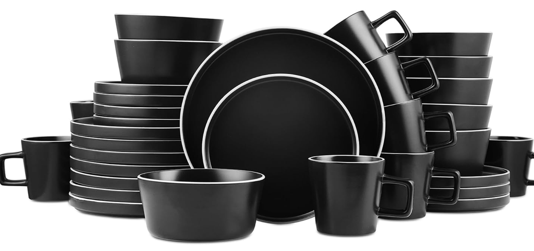 Stone Lain Allison Stoneware Dish Set, 32-Piece Round Dishes for 8, Black and White