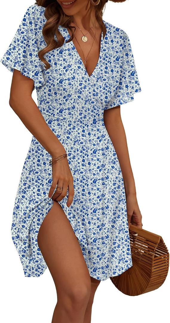 FENSACE Women Sundress Summer Wrap V Neck Flowy Midi Dress | Ruffle Short Sleeve, Empire Waist, A Line, Fit and Flare, Baby Bridal Shower, Wedding, Vacation, Party (White, XL)
