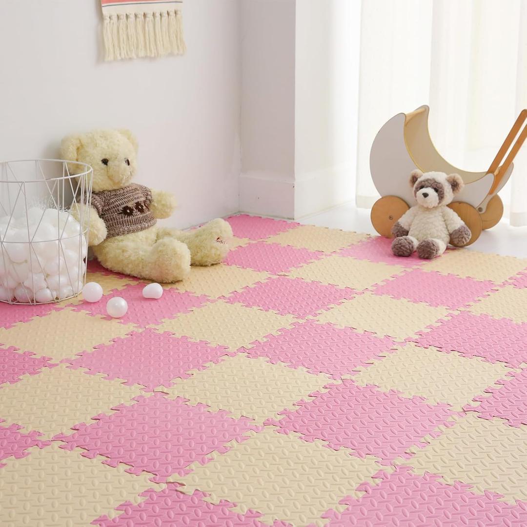 Tamiplay 36 Tiles Foam Play Mat for Baby, 0.4 Inch Thick Foam Interlocking Floor Mats, Soft Non-Toxic Baby Playmat, Solid Colored Puzzle Play Mat Kids Floor Mats for Toddler(Beige/Loli Pink)