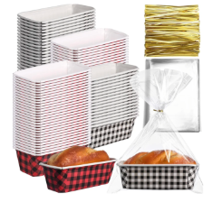 50 Sets Christmas Paper Loaf Pan 6.3 x 2.2 x 2.2 Inch Disposable Loaf Pan Liners with Clear Plastic Bags and Ties Paper Baking Pans Rectangle Baking Mold for Bread Cake Bakery(Plaid Style)
