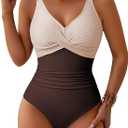 Pink Queen Women One Piece Swimsuit 2026 Patchwork Twist Front V Neck Ruched Tummy Control Swimwear Bathing Suits (Brown, M)
