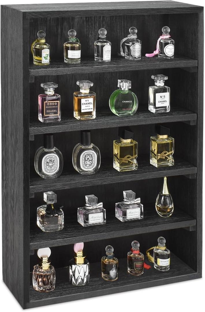 Ikee Design Wooden Wall-Mounted Display Shelves Rack for Collectibles, Figures,Shot Glasses,Spice Can,Cosmetics or Perfume, 5 Adjustable Height Shelves,Space-Saving, Black Color