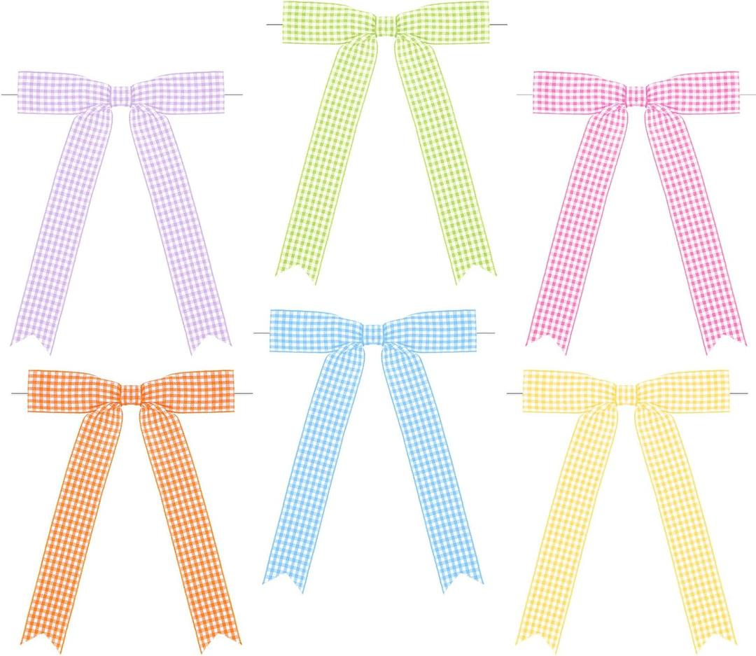 Riceshoot 24 Pcs Gingham Ribbon Bows 5x7 Inch Buffalo Plaid Twist Tie Bows Check Pre Tied Bow Ribbon Gift Bows for Cake Wrapping Treat Bags Wedding Baby Shower(Spring Color,1inches)