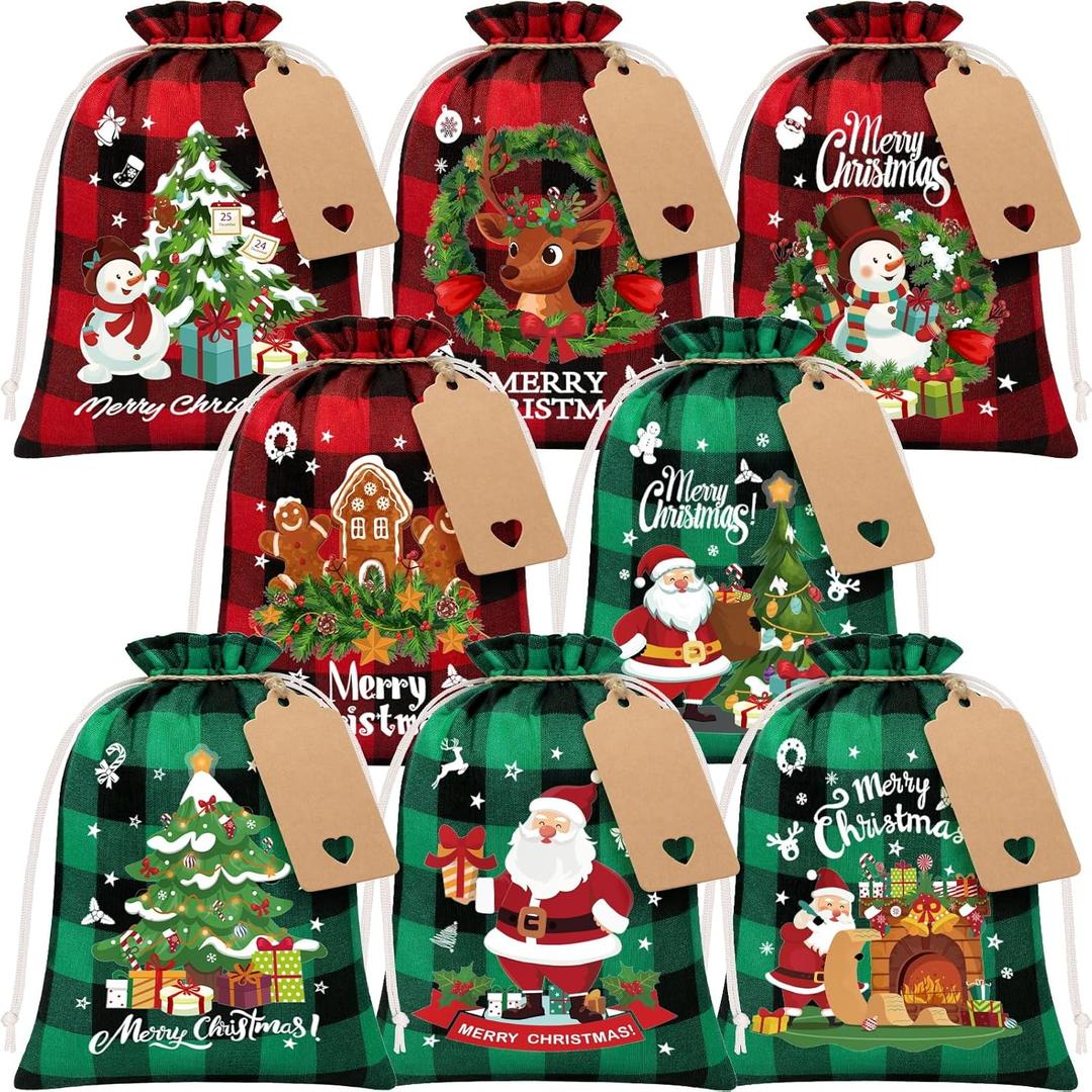 FLOE 24Pcs Burlap Christmas Drawstring Bags, 6x8in Buffalo Plaid Xmas Gift Bags w/Tag Xmas Candy Bag Small Christmas Linen Treat Goody Gift Sacks Reusable Gifts Wrapping Bag Holiday Party Favors Sack (1 Count (Pack of 24), Red Black & Green Black)