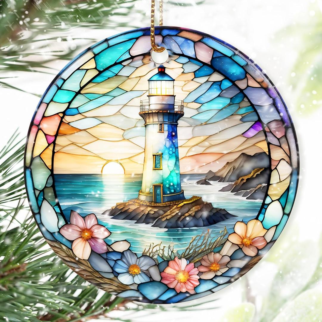 3 x Colorful Ceramic Lighthouse Christmas Ornament for Tree, Holiday Decorations, Christmas Decor, Lighthouse Lovers Gifts, Ornament Gift Ideas