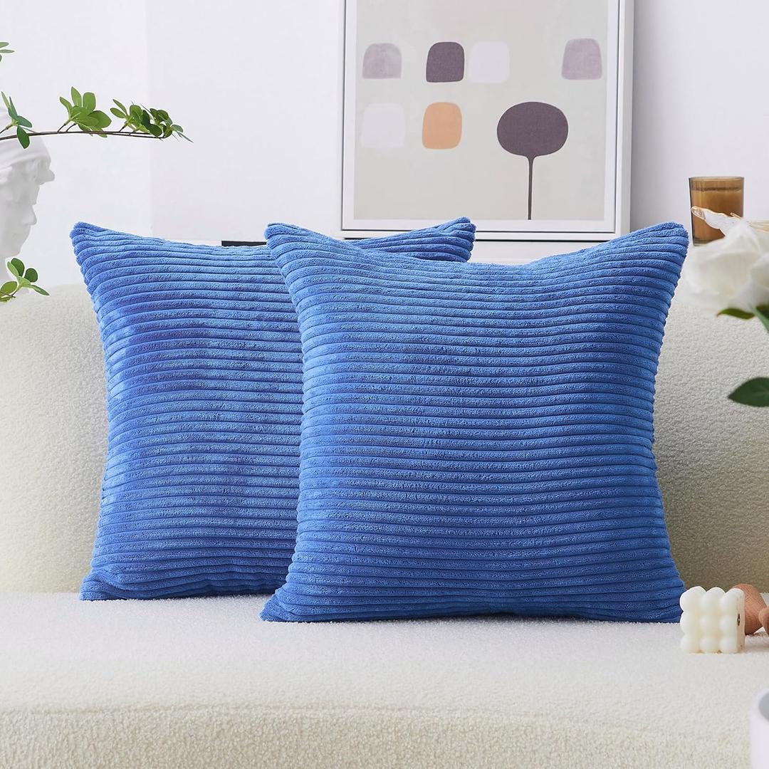 Home Brilliant Blue Euro Shams Set of 2 Velvet Corduroy Decorative Throw Pillow Covers for Couch Sofa Bed, 26 x 26 Inch, Blue