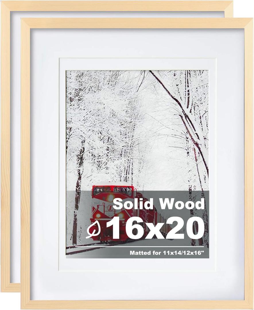 Egofine 16x20 Poster Frame Set of 2 Solid Wood Frame with Plexiglass Matted for 11x14/12x16 for Wall Mounting Hanging Picture Frame Vertically or Horizontally, Natural Wood