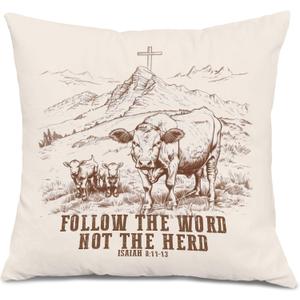 2 x Vintage Farmhouse Cow Christian Pillow Covers 18x18, Christian Room Home Decor, Isaiah 8:11-13 Bible Verse Religious Decorative Throw Pillow Covers for Bedroom Living Room Home