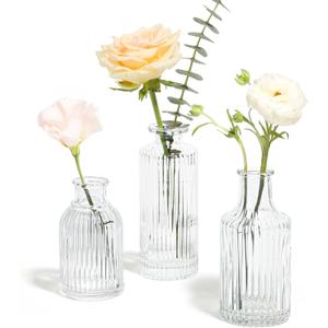 ComSaf Glass Bud Vases Set of 3, Small Flower Vases in Bulk, Mini Ribbed Vases for Centerpieces, Clear Vintage Vase for Table Decorations, Wedding, Party, Receptions, Home Decor (Different Sizes) (3Pcs)