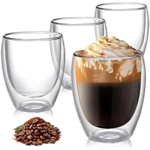 TECOHORS 8 Ounces Set of 4 Double Walled Glass Coffee Mugs Insulated Layer Coffee Cups Borosilicate Glass Espresso Double Insulated Clear Glass Coffee Mug for Hot Beverages