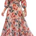 CHICME Womens Summer Boho Maxi Dress V Neck 3/4 Puff Sleeve Floral Flowy Wedding Guest Vacation Beach Long Dress (L)