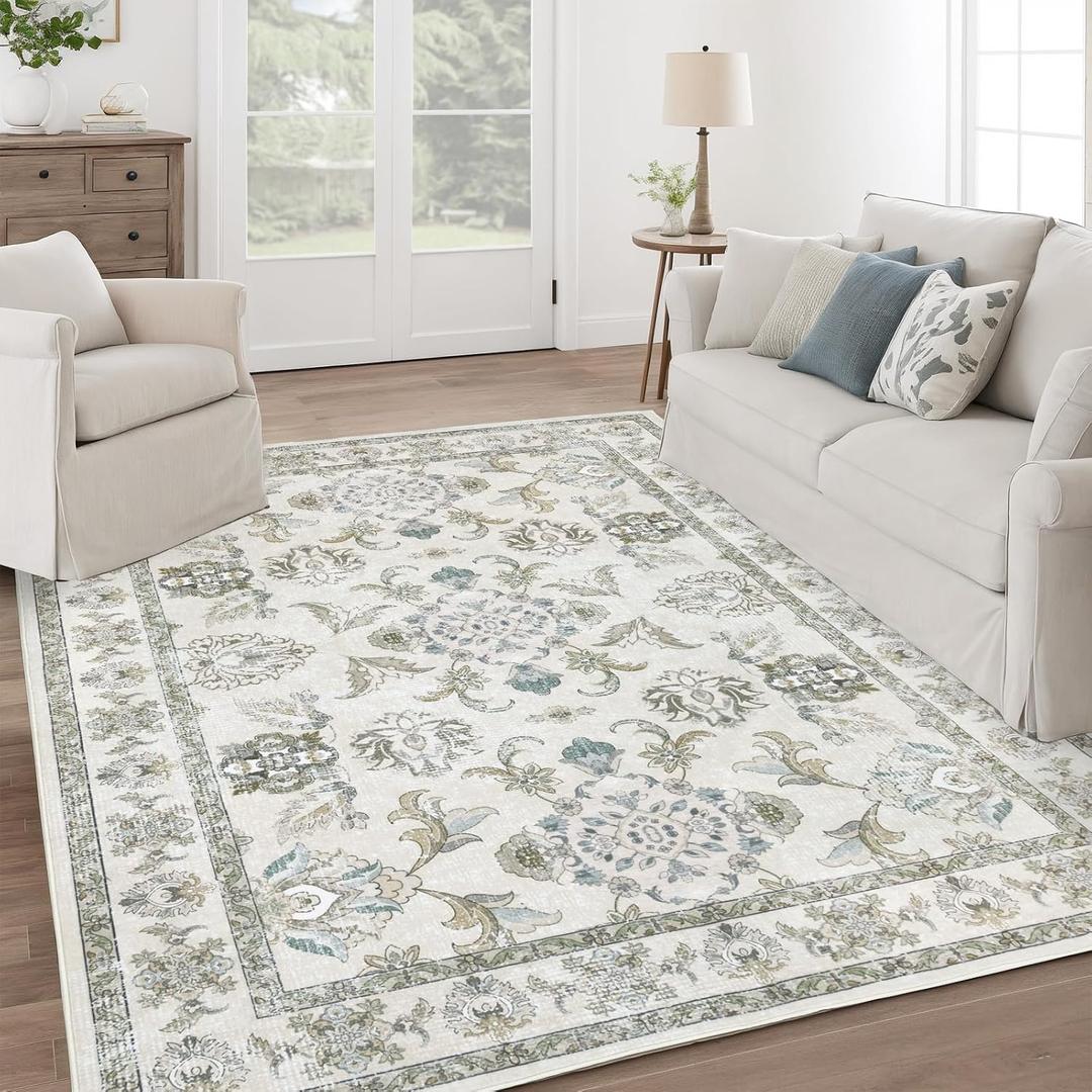 8x10 Washable Area Rugs Beige and Sage Green Vintage Boho Floral Farmhouse Rug for Living Room Bedroom, Non Slip Low Pile Carpet