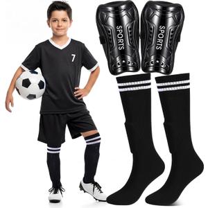 Soccer Shin Guards and Socks for Kids Youth Lightweight 7.09 x 3.54 Inches Football Shin Guards for 6-12 Year Old Children Teen Boys and Girls(Black)