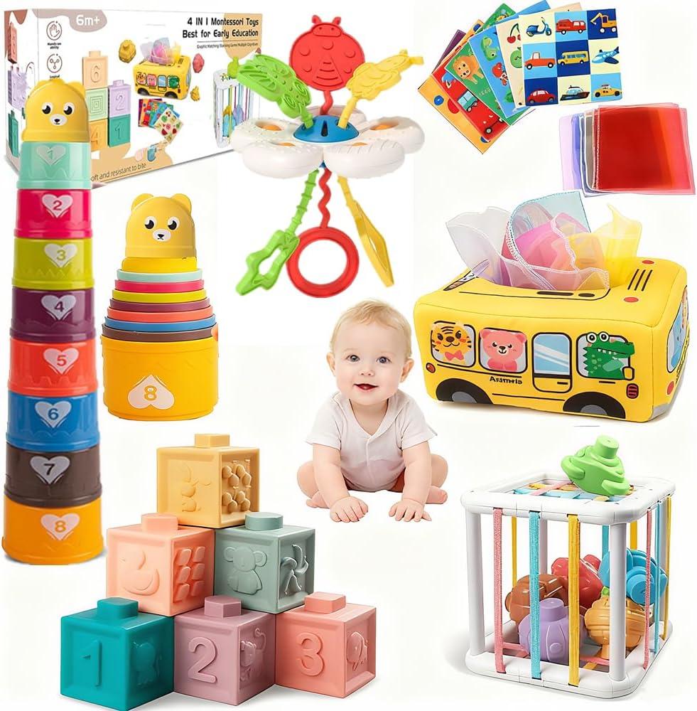 Baby Toys 6-12 Months, Montessori Toys for 1 Year Old, Silicone Pull String Teether Toy, Stacking Building Blocks Infant Toddler Toy 0-3, Shape Bin Sensory, Baby Boys&Girls Gifts Set