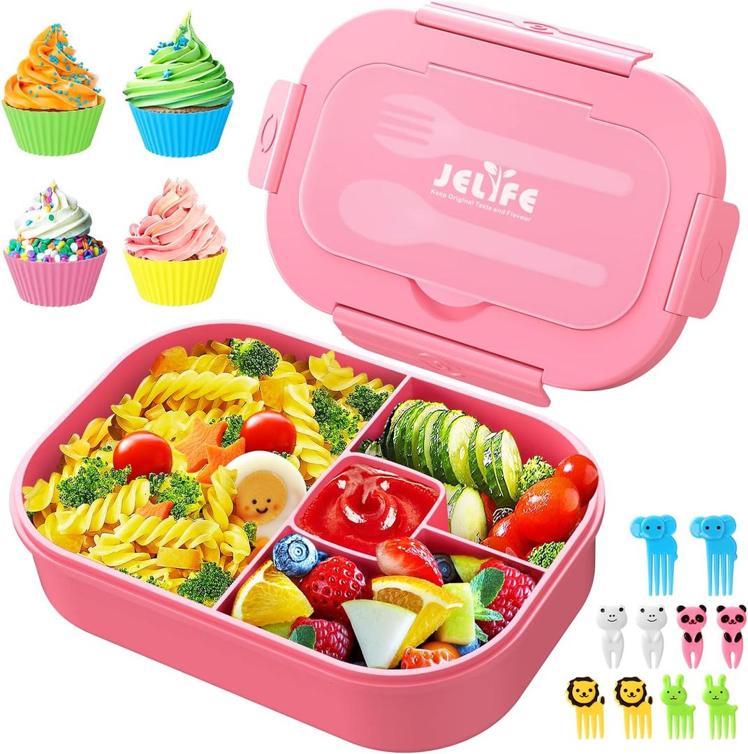 Jelife Lunch Box Kids Bento Box - 1300ml Larger-Style Kid Lunch Containers Leak Proof Bento Lunch Box, BPA Free Lunchbox for Girls Teens Toddlers with Utensil, Food Fork Picks & Cake Cups, Pink