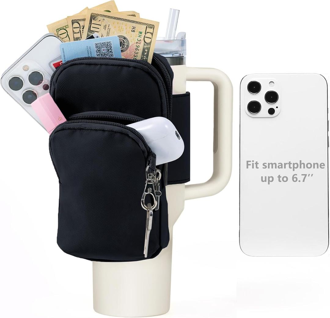 SUITMAT Water Bottle Pouch for Stanley Quencher Series Tumbler, Large Pouch Bag for Stanley Cup Accessories, Cup Backpack with Multiple Pockets for Phone, Cards, Keys (Bag Only) (Black)