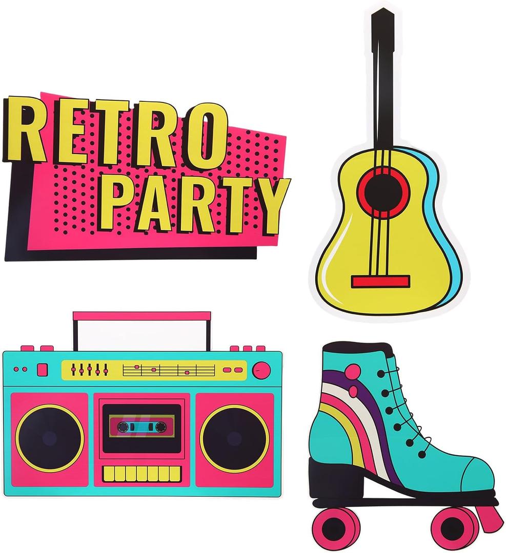 Honoson 4 Pcs 24.4" x 26.6" Large Back to 80s 90s Party Decoration Cardboard Cutouts, Retro Radio Boombox Backdrop Yard Signs for Hip Hop Music Birthday Party Supplies Vintage Photo Booth Props, 23.6 to 31.5 inches