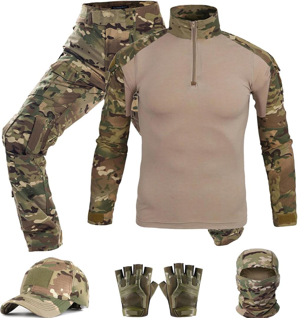 Tactical Suit,Combat Pants and Shirt,Cap Gloves Balaclava Set,Black Camo Uniform Men's Military Airsoft Gear (Medium, Bdu-mcbk)