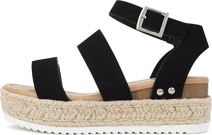 Soda Top Shoe Bryce Open Toe Buckle Ankle Strap Espadrilles Platform Wedge Casual Sandal, Black, 10