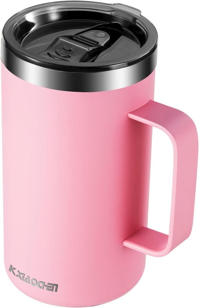 KXIAOCHEN 20oz Insulated Coffee Mug with Lid, Stainless Steel Coffee Cup, Double Wall Vacuum Coffee Tumbler with Handle, Premium Thermal Travel Coffee Mug (Pink)