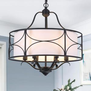 20" Large Black Drum Chandelier - 6 Lights Adjustable Height Modern Farmhouse Pendant Light Fixtures with White Fabric Shade for Kitchen Island Foyer Entryway Living Room Bedroom