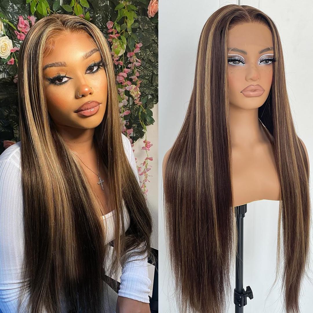 4/27 Highlight Ombre Lace Front Wig Pre Plucked 180 Density Honey Blonde Long Straight Lace Front Wigs Synthetic Glueless Straight Highlight Lace Front Wig 32inch (13x5x1 T part)