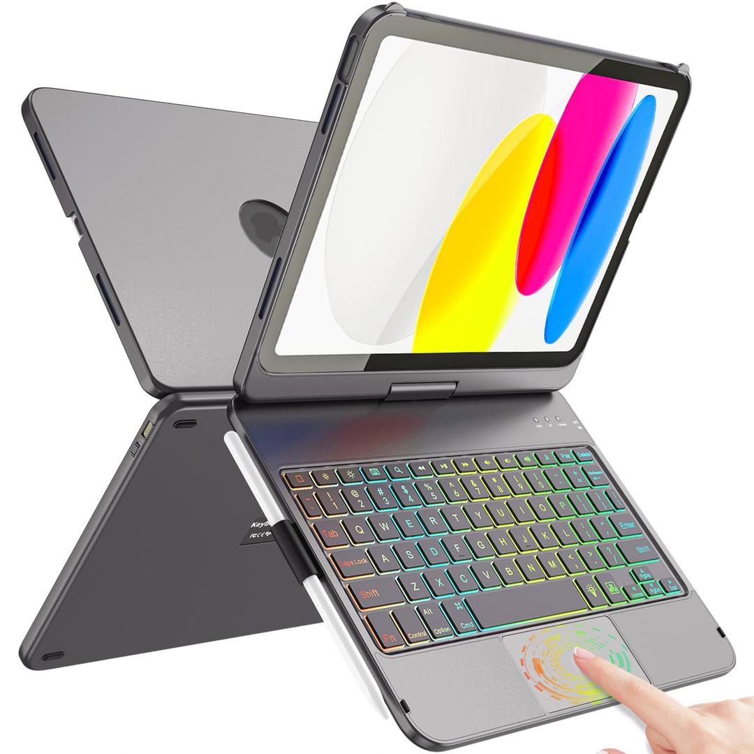 FUWANG Touch Keyboard Case for iPad (A16) 11th Generation 11 inch 2025 &10th Gen 10.9 inch 2022, 360° Rotate for iPad 10th Generation Case with Keyboard, Backlit Keyboard Case with Pencil Holder, Gray