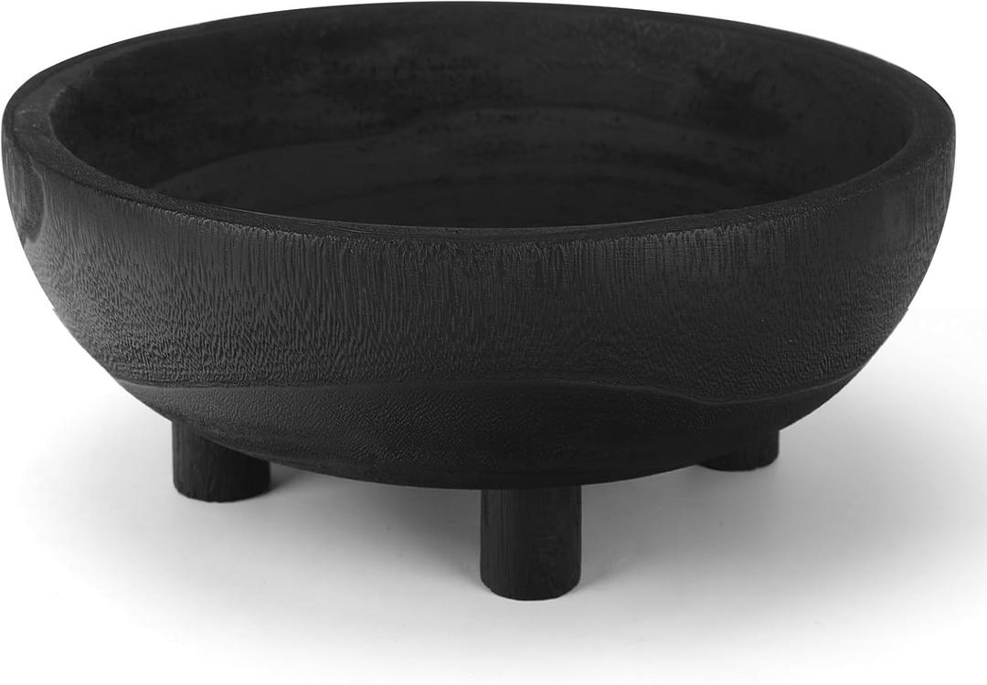 Wooden Decorative Bowl | 11" Large Wood Fruit Bowl for Kitchen Counter | Key Bowl for Entryway Table, Table Centerpieces, Shelf, Coffee Table | Natural Organic Paulownia Wood Bowl with Base | Black