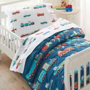 Wildkin 4-Piece Toddler Bed in a Bag  Cotton Comforter, Sheets & Pillowcase for Cozy Cuddles - Transportation
