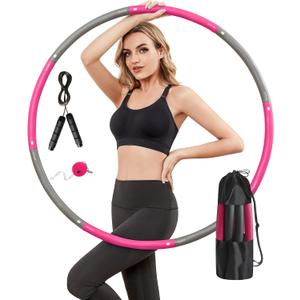 Weighted Exercise Hoop for Adults, 2.2lb Detachable Fitness Hoop, Adjustable Hoop with Jump Rope, Tape Measure and Carry Bag, Home Gym Workout (Pink Grey)