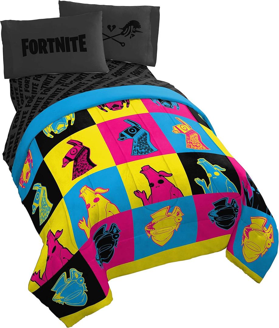 Jay Franco Fortnite Neon Warhol 5 Piece Full Bed Set - Includes Comforter & Sheet Set - Bedding Features Llama, Peely, & Vertex - Super Soft Fade Resistant Microfiber (Official Fortnite Product) (Multi - Fortnite)