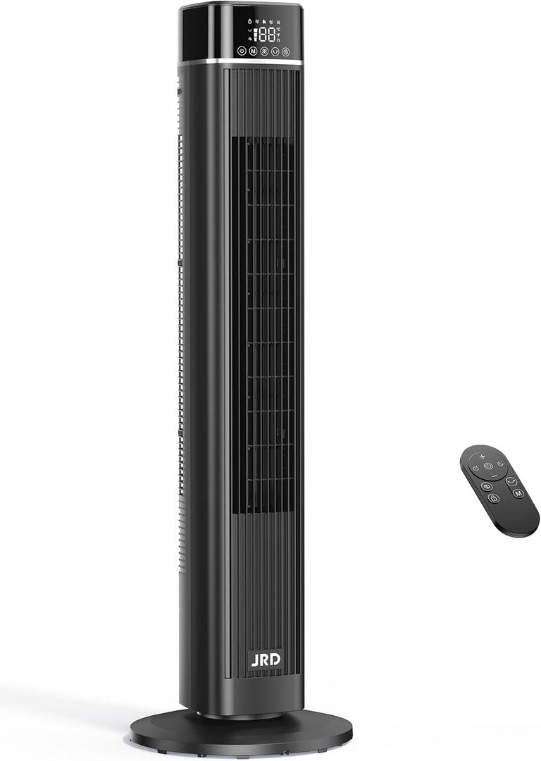 JRD Tower Fan, 90 Oscillating Fans with Remote, 40'' Quiet Cooling Fan with 3 Speeds,4 Modes,12H Timer, LED Display, 27ft/s Velocity, Bladeless Standing Fan Floor Fan for Bedroom Home Office Indoor (Black)