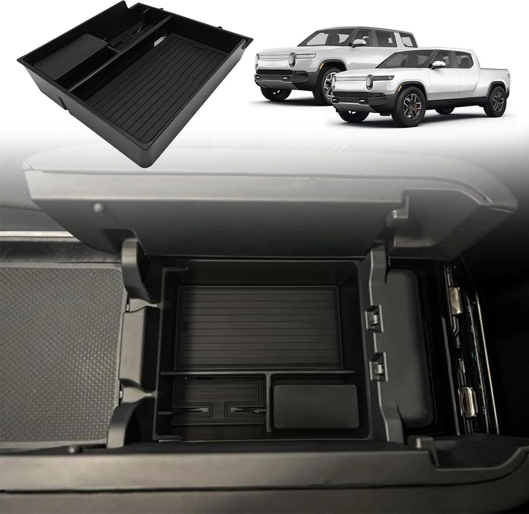 BestEvMod Center Console Organizer Tray Compatible with 2022-2025 2026 Rivian R1T/R1S Removable Coin Holder Armrest Storage Box ABS Material with PVC Trim Accessories (V3 Black)