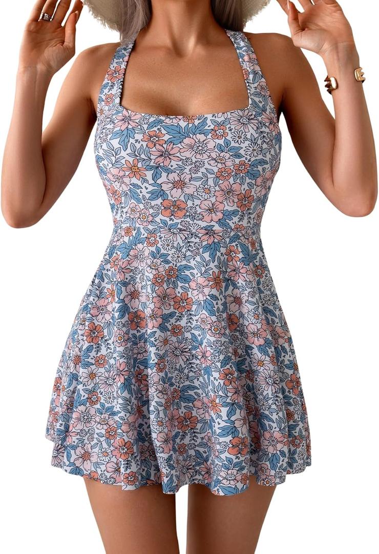 B2prity Women's One Piece Swimdress Swimsuit Tummy Control Swim Dress Modest Full Coverage Bathing Suit with Skirt (X-Large, Orange Floral Print)