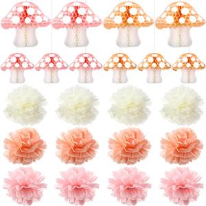 Yexiya 22 Pcs Mushroom Honeycomb and Flowers Honeycomb Ball Hanging Tissue Paper Pom Decorations for Baby Shower Party of Fairy Garden Jungle Wonderland Birthday Nursery(Pink)