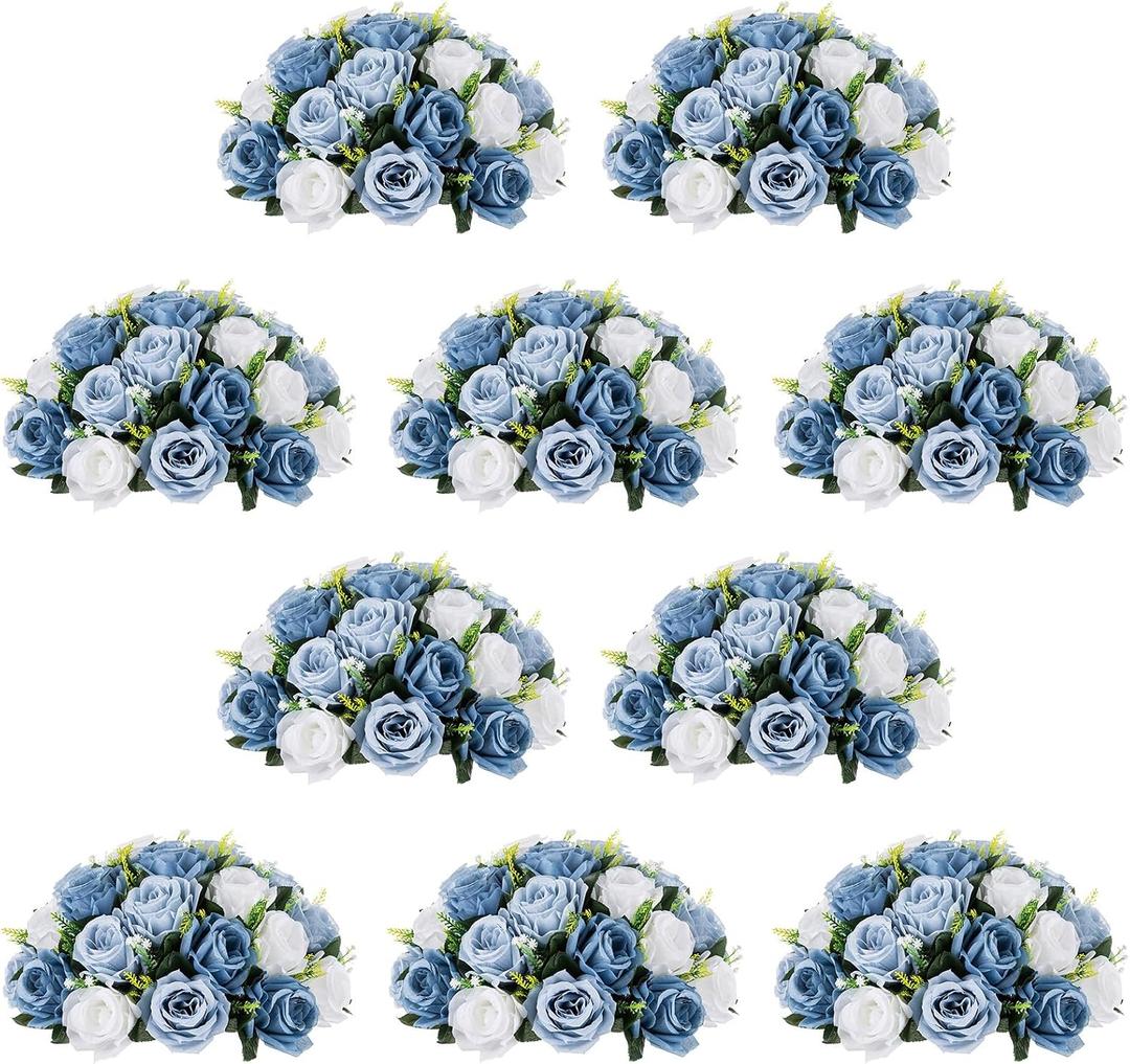 NUPTIO Artificial Flower Centrepieces for Tables - 10 Pcs DustyBlue & White Fake Flowers Roses Balls 13.8in Diameter - Silk Faux Rose Arrangement for Wedding Party Centerpiece Table Decorations