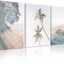 Beach Wall Art Pictures Coastal Canvas Wall Decor Ocean Waves Poster Blue Beach Scene Artwork Palm Tree Art Coastal Landscape Prints for Living Room Bedroom 12x16 Inch Wrapped Canvas Set of 3