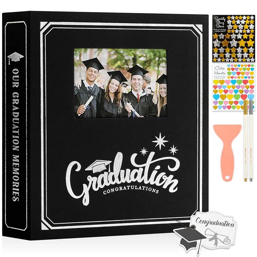 Lanpn Graduation Scrapbook Self Adhesive Photo Album, DIY Memory Scrap Book Grad Picture Album Sticky Magnetic Pages holds 4x6 5x7 8x10 A5 Picture (Large 40 Sheets/80 Pages, Black-Window)