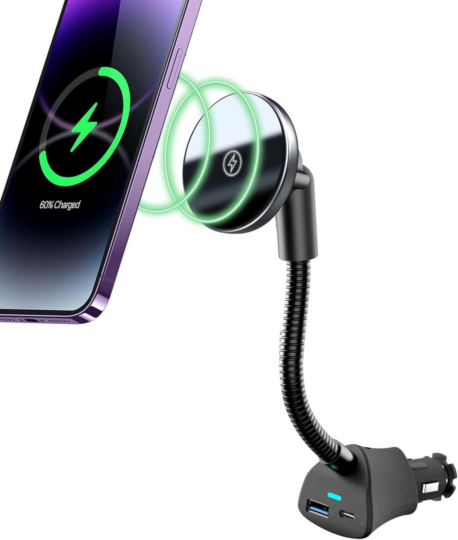 for Mag-Safe Car Mount Charger 15W iPhone Wireless Car Cigarette Lighter Phone Charger, Cigarette Lighter Phone Mount with Dual Port PD&QC3.0 Fast Charging for iPhone 17 16 15 Pro Plus Max 14 13 12
