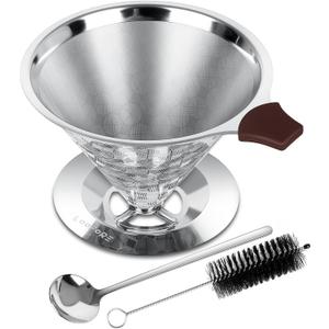 Pour Over Coffee Dripper, LOOFORE Stainless Steel Coffee Filter 1-4 Cup, Metal Cone Filter Paperless Reusable Coffee Filter, Double Mesh Design with Spoon and Cleaning Brush
