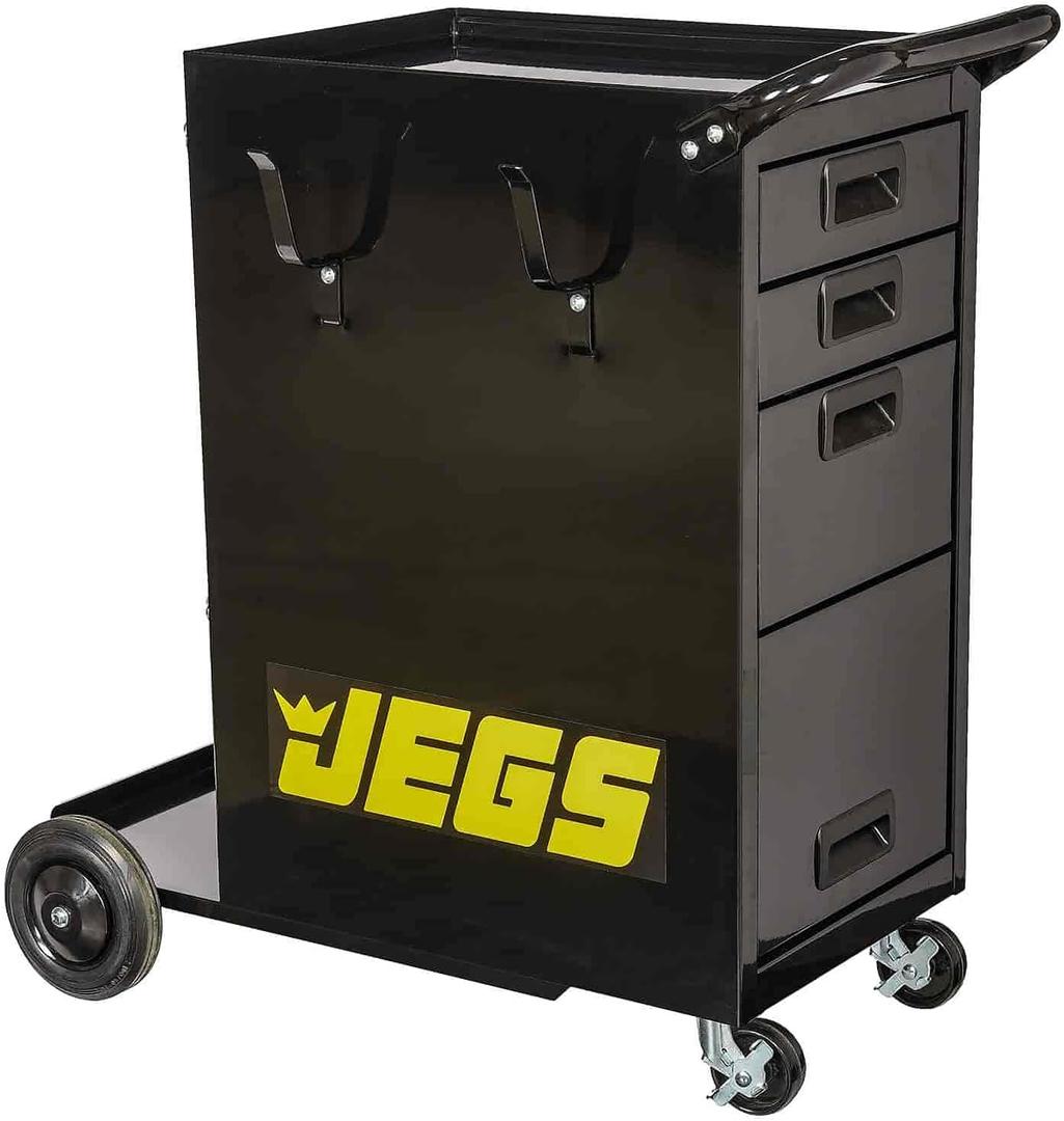 JEGS Welding Cart with Drawers and Welding Tank Platform - Fits Most MIG, TIG, ARC Welding Machines, Plasma Cutter - Steel Constructed and Black Powder Coat Finished Welding Table with Locking Wheels