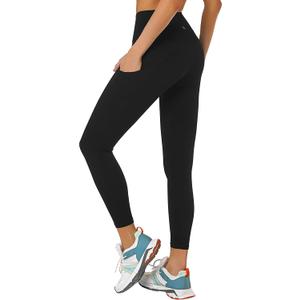 Buttery Soft Tummy Control Workout Leggings with Pockets for Women High Waisted Athletic Yoga Pants (Medium, Black), 25 inches Length