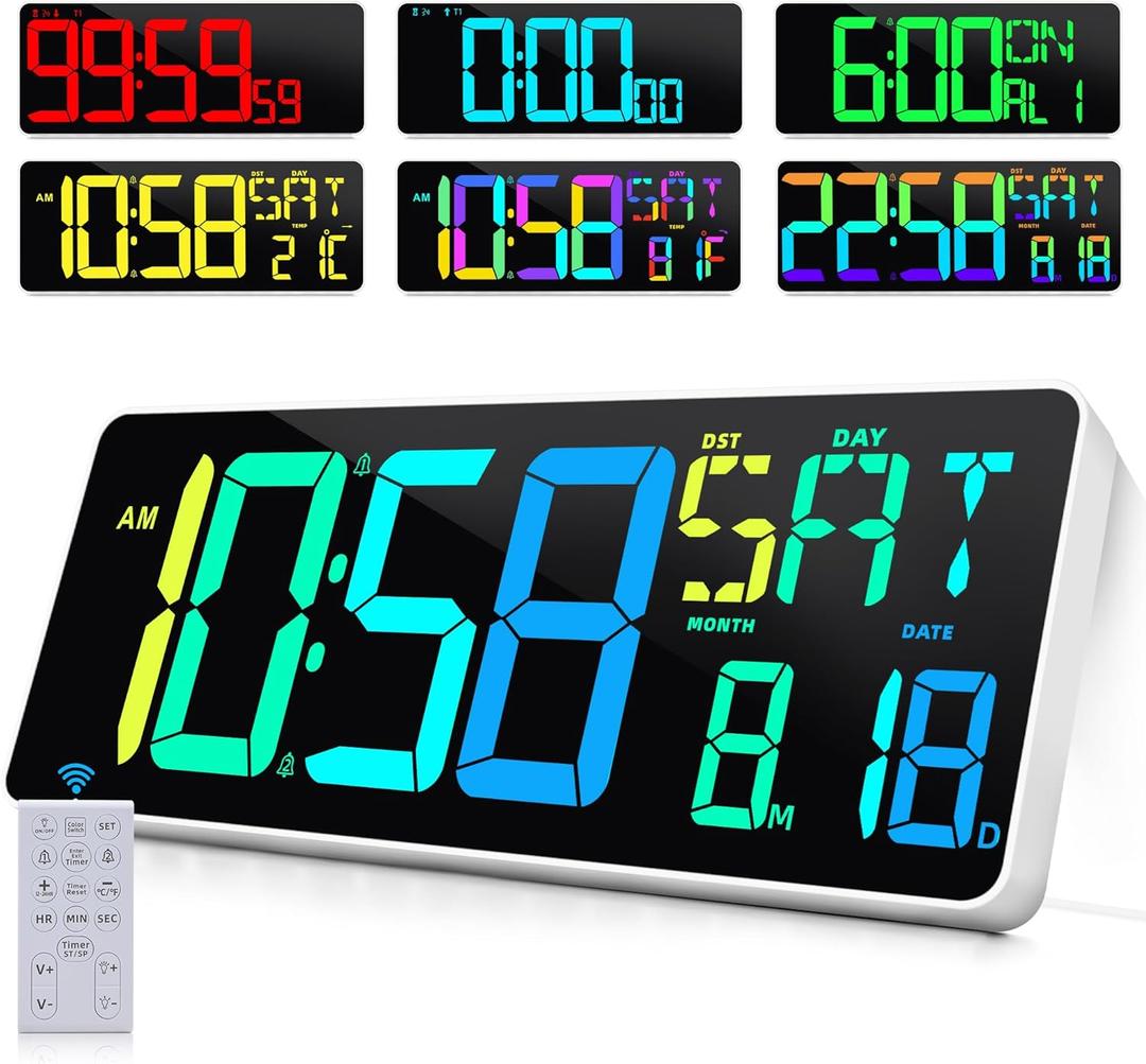 Large Digital Wall Clock Timer 13.5" Large Display  In 11 Color Modes LED Wall Clock with Temperature Day of the Week Clock Auto-Dimming for Home Gym Office 2 Groups Alarm 25 Music Ringtones