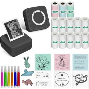 Aptika Sticker Printer - Print Pod 2.0 Mini Printer with 14 Rolls Sticky Paper, Thermarote Portable Sticker Maker Machine, Thermal Label Maker, Thermanote Labeller for Photos Notes Graphics, Black
