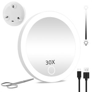 30X Travel Magnifying Mirror with Lights, Rechargeable 30X Travel Magnified Mirror, 4inch Pocket Makeup Magnification 3 Color Dimmable with Suction Cups and Scissors Set