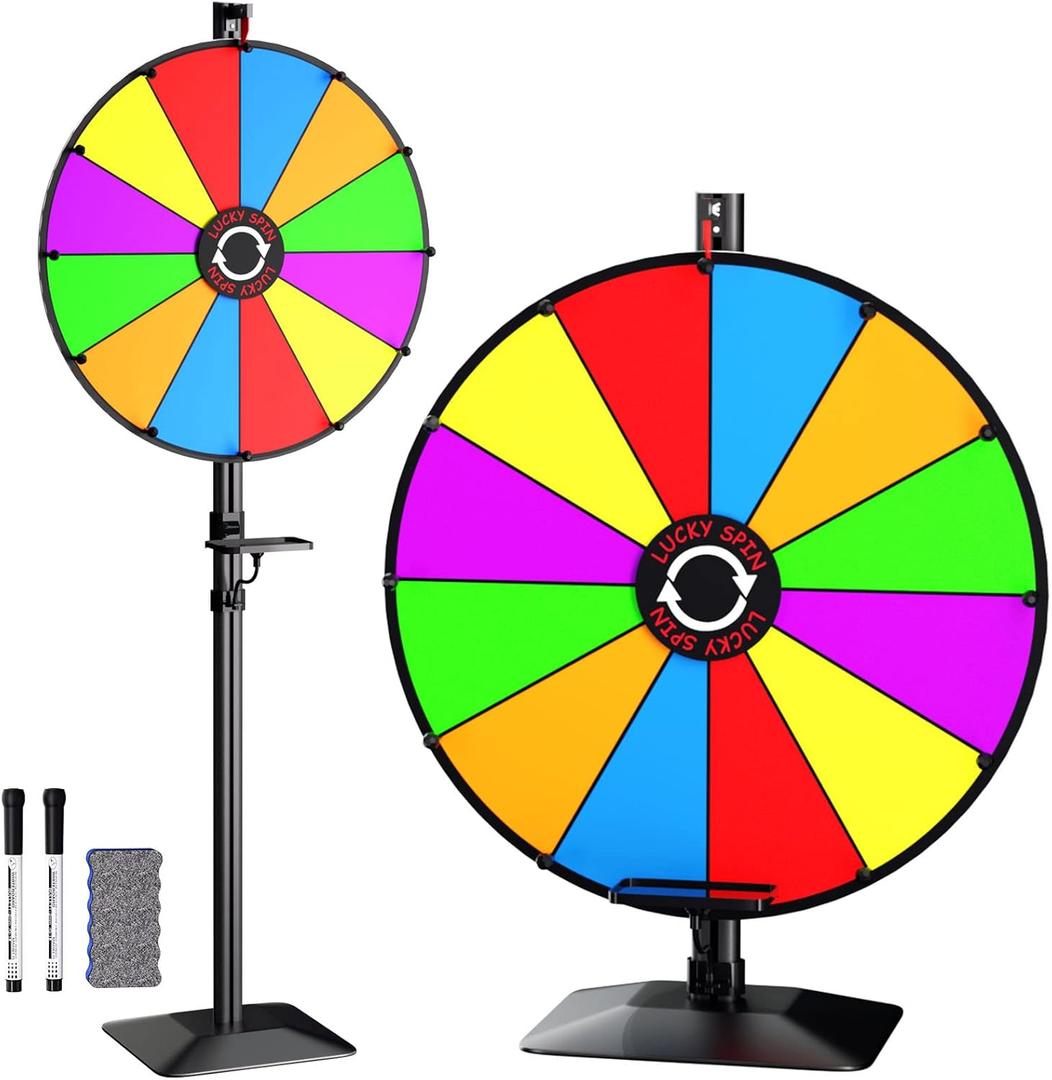 24" Prize Wheel - Dual Use Tabletop or Height Adjustable Floor Stand Heavy Duty Spinner Wheel of Fortune with 12 Slots & Dry Erase & Eraser for Carnival, Trade Show, Fortune Spinning Game