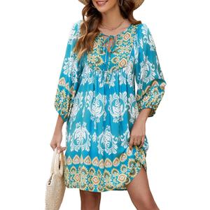 Qearal Women's Casual V Neck 3/4 Sleeve Boho Floral Printed Loose Short Flowy Summer Beach Vacation Dress (Blue, S)
